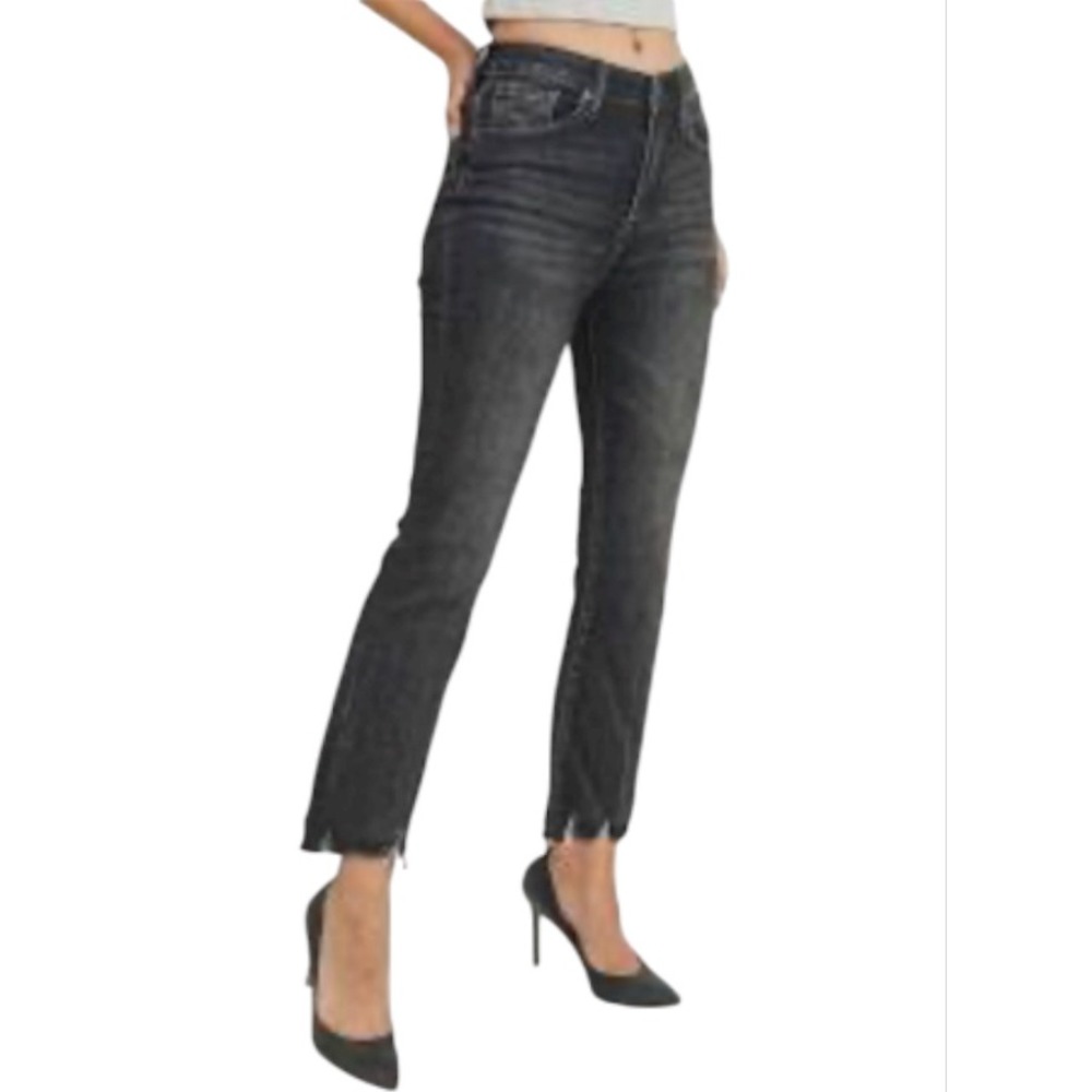 RISEN Los Angeles Womens Black High Rise Frayed‎ Hem Ankle Flare Jeans Size 27